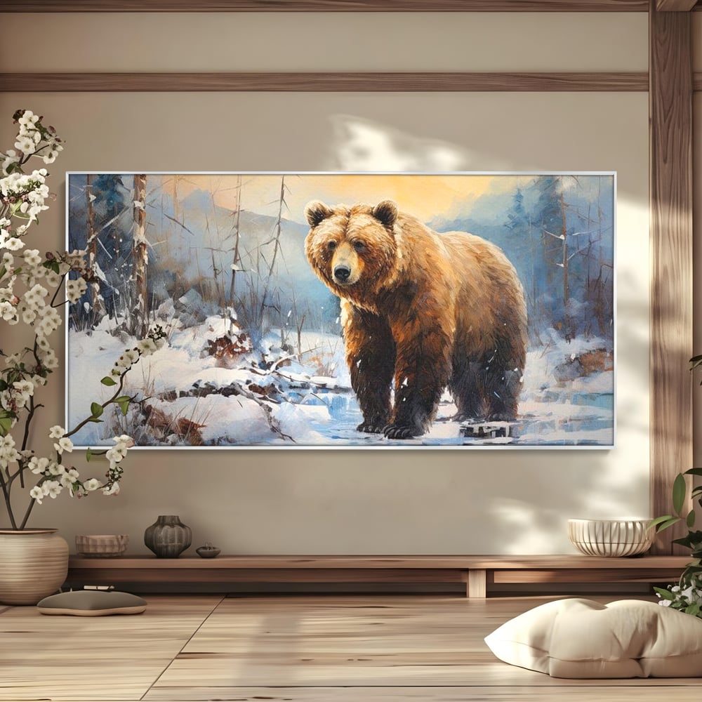 Tablou canvas cu tablou canvas cu urs brun in zapada, in rama de aluminiu argintiu